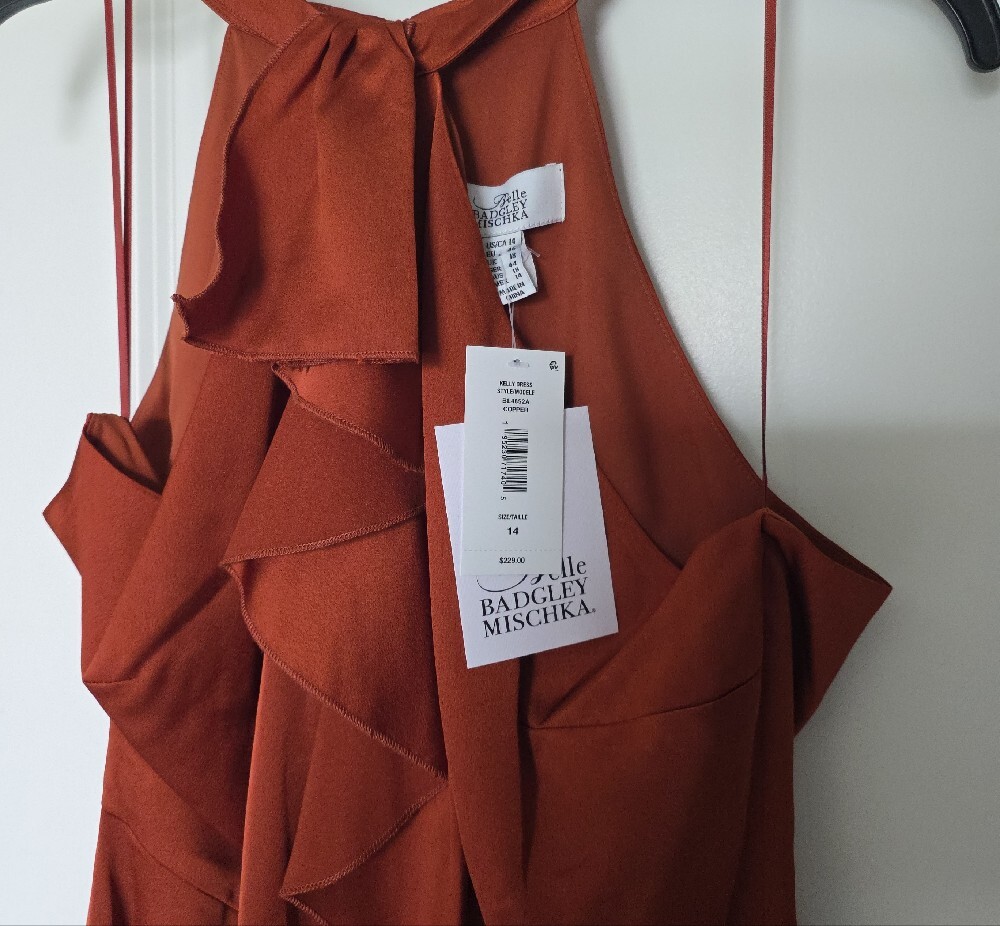 Badgley Mischka Rust Halter Ruffle High-Low Gown - Picture 7 of 16